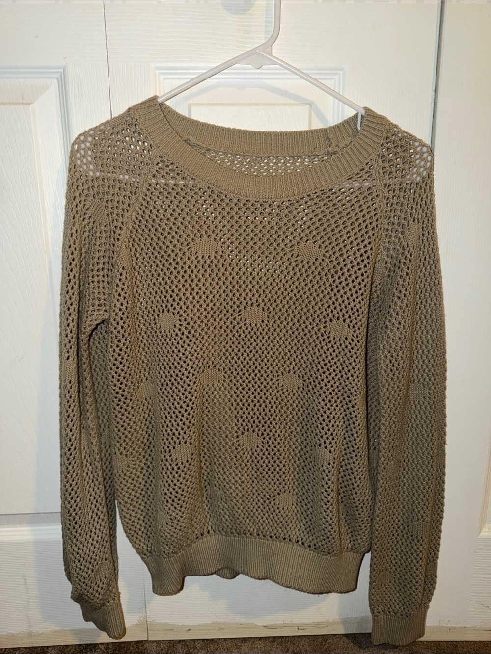 Open-Knit Crewneck Sweater in Olive Taupe